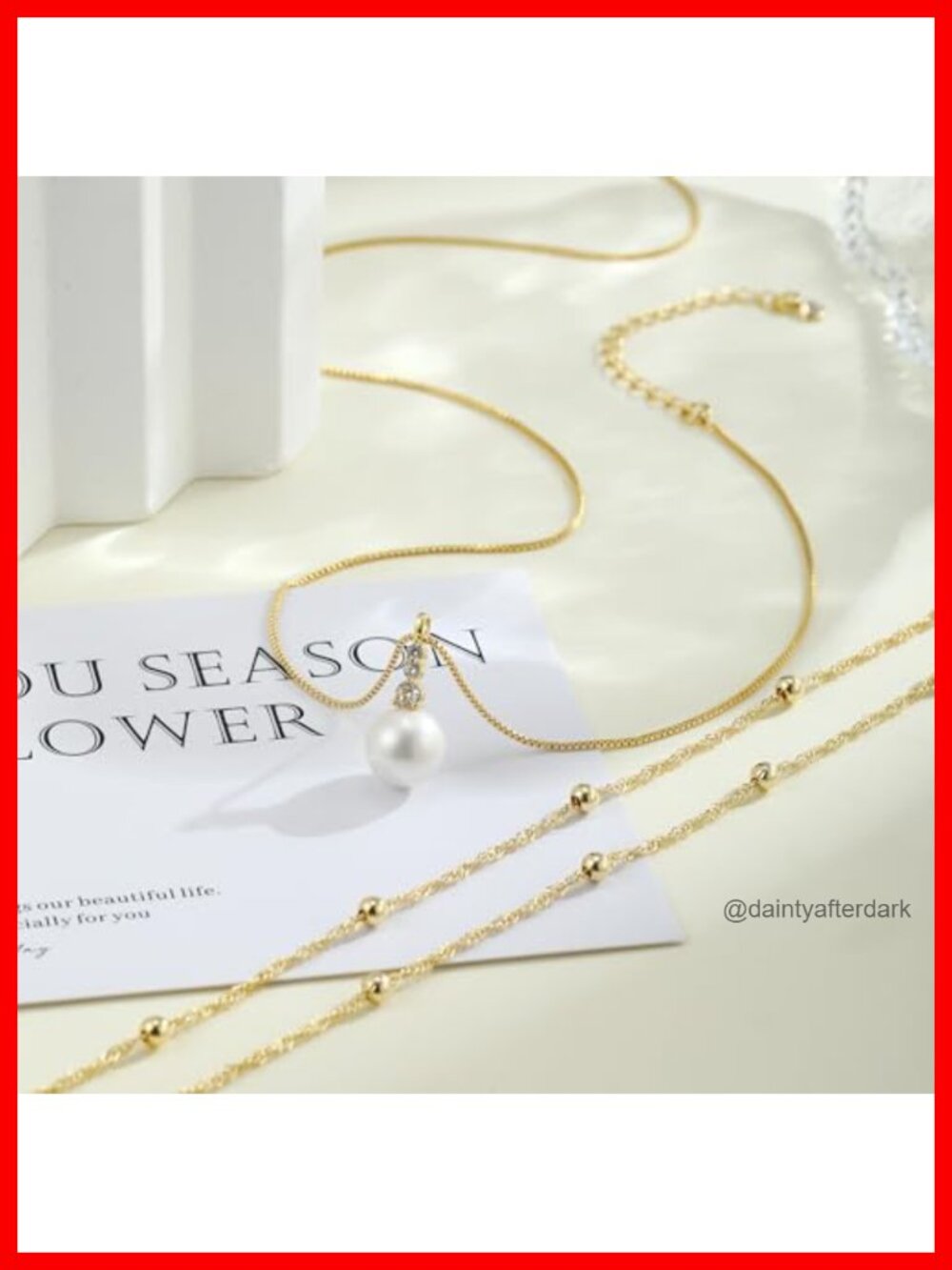 Dainty Layered Pearl Pendant Necklace, Gold Plated, Adjustable - Picture 4 of 6